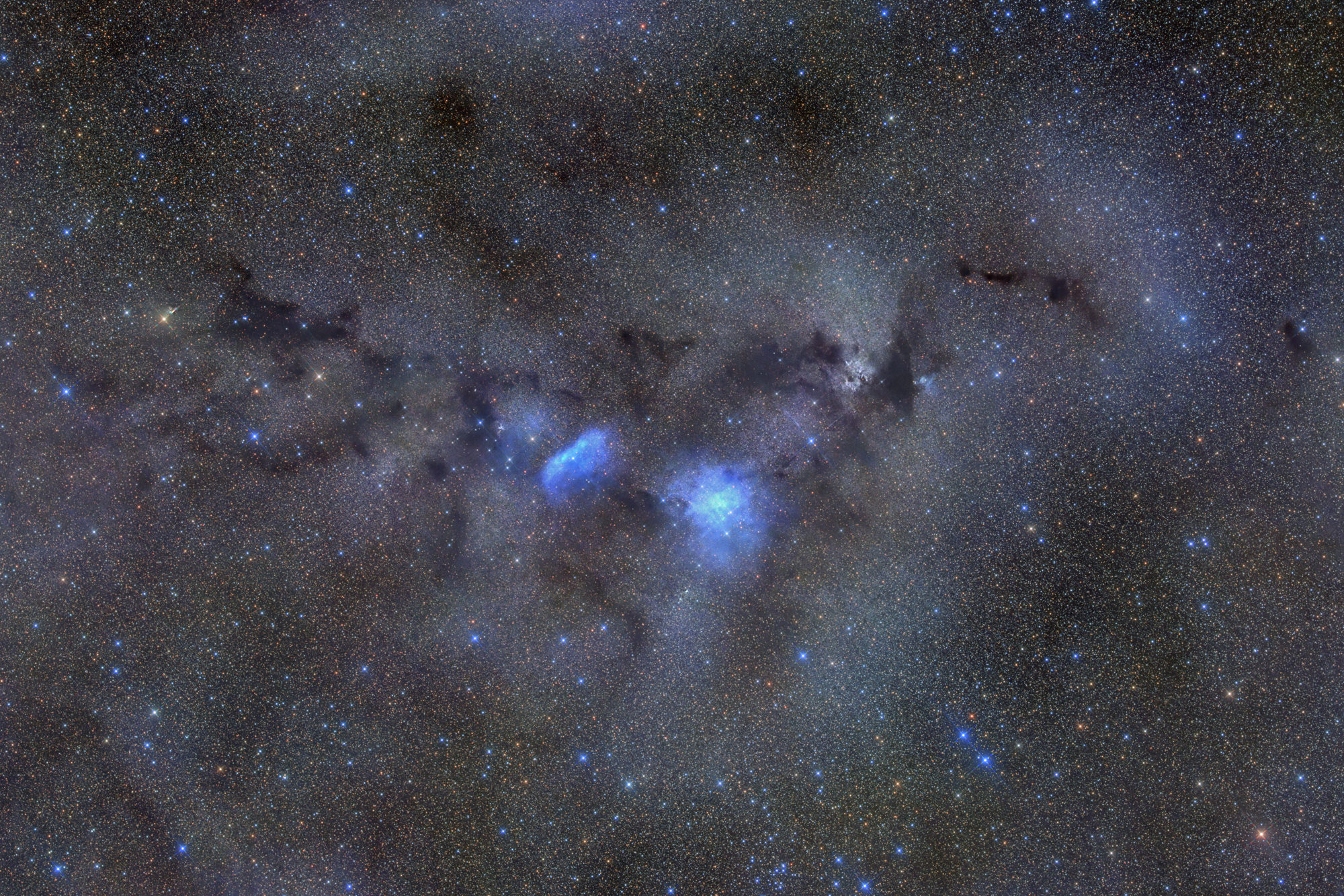Van den Bergh 126 and van den Bergh 134 are 2 blue reflection nebulae in the constellation of Vulpecula, surrounded by numerous dark nebulae, in the arrangement of which the silhouette of Nessie can be seen.